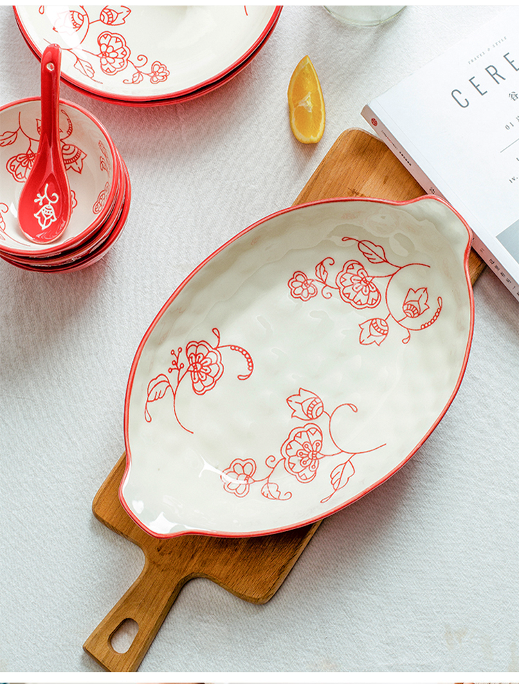 Ceramic fish dish household creative red oval ears fish dish can be heated steamed fish plate long snack plate tableware