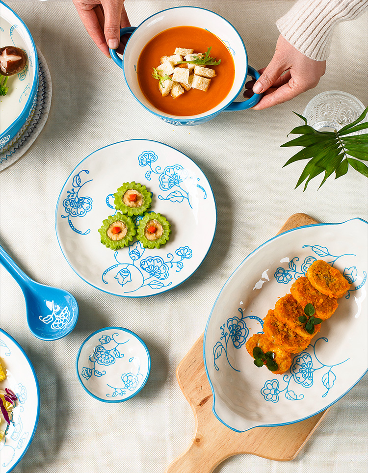 Rice bowls of household small pure and fresh and creative move ears noodles bowl of soup bowl dish dish and composite ceramic plate