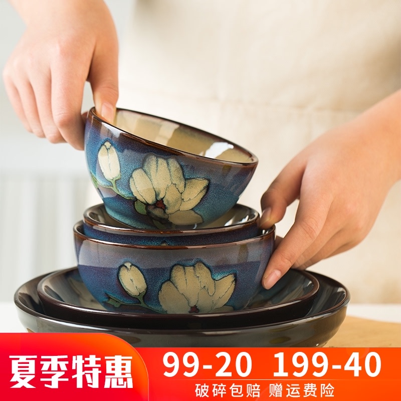 Ceramic bowl household Japanese retro creative personality net red cute rice bowl Soup bowl dish plate Microwave tableware