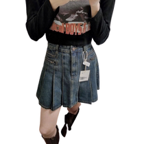 Denim short skirt for girls summer hot girl ins trendy blue pleated skirt high waist a line short skirt for tall people
