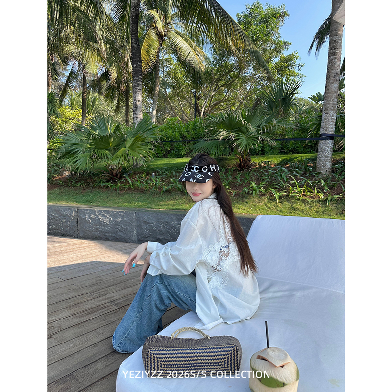 Yeziyez Spicy Girl Style White Lace Patchwork Long-Sleeved Shirt for Women, Versatile Loose Sun-Protective Top for Summer Yeziyez Spicy Girl Style White Lace Patchwork Long-Sleeved Shirt for Women, Versatile Loose Sun-Protective Top for Summer