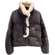 Trendy brand 2024 winter slimming stand-up collar fur stitching horn buckle thickened white duck down short down jacket for women