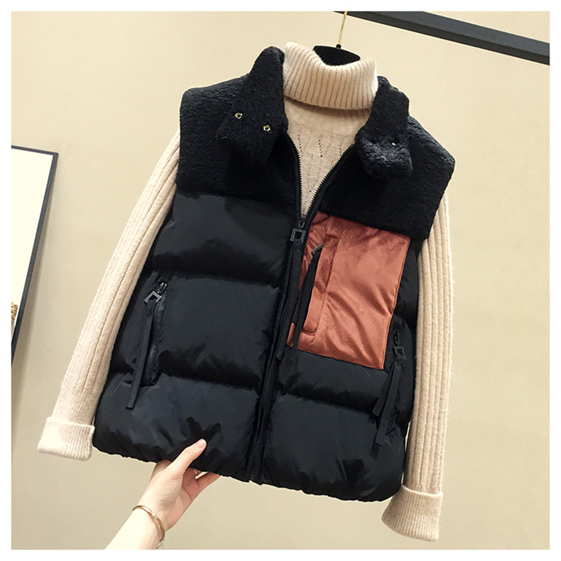 Женская жилетка 潮牌2020秋冬款羽绒棉马甲女短款韩版马夹背心拼接羊羔毛坎肩外套