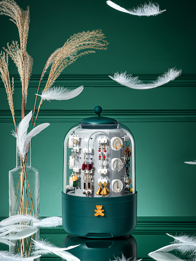 Net red jewelry earring storage box Desktop dust drawer type large capacity rotating necklace earring shelf