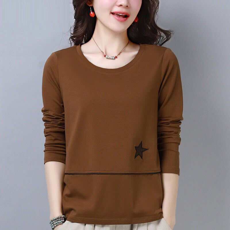 Early autumn Korean version of long sleeve T-shirt women loose large size slim Joker round neck T-shirt solid color coat base shirt Women