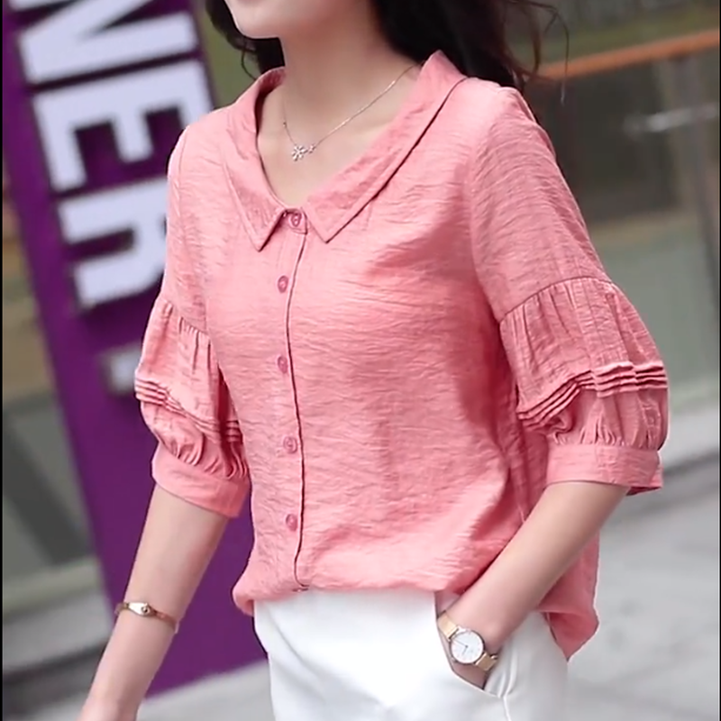 2022 summer new Korean version dolls collar 70% sleeves shirt woman pure color 100 lap blouse with lantern sleeves small fresh loot