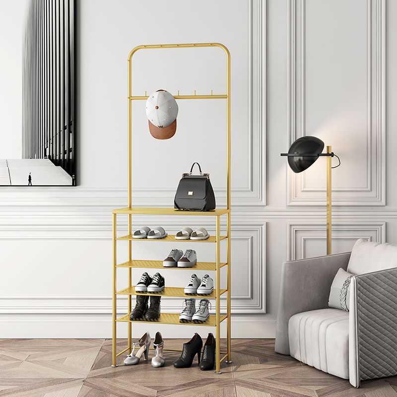 Nordic Light Lavish Cloister Hood Shoes Rack Integrated Home Doorway Multilayer Shoe Rack Door Hall Floor Hanging Clothes Hanger Sub Iron Art Shoes Cabinet