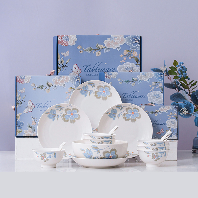 Ceramic Tableware Set with Chinese Embroidery Patterns, Bowls, Plates, Spoons, Gift Box Set, Employee Benefits, Company Souvenirs, Logo