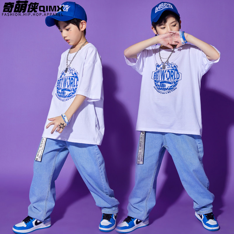 Children's street dance choking boy hip hop wind loose print short sleeve hiphop tide card children cool tide dress girl