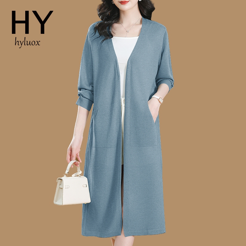Hyluox2025 Summer Mulberry Silk Cardigan Mid-Length Knitted Top Sun Protection Empty Shawl Jacket Loose Large Size Women