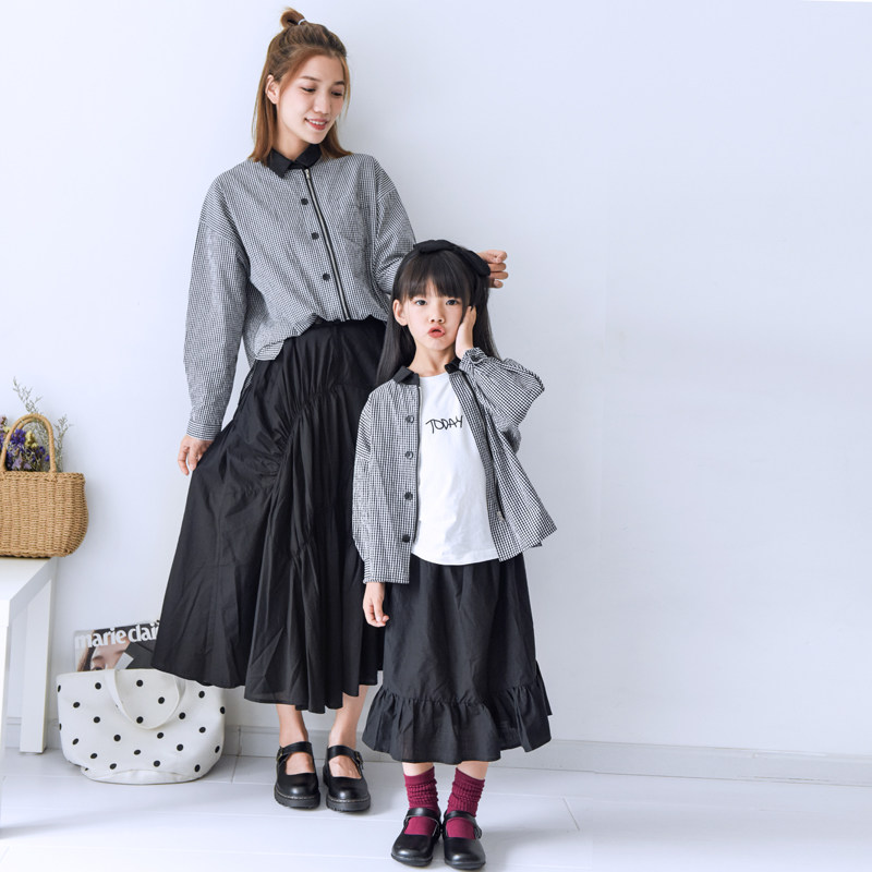 2023 Spring New Cotton Black and White Plaid Shirt Skirt Parent-child Dress Literary Western-style Mother-Daughter Set
