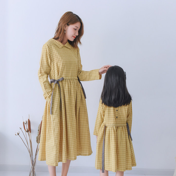 2023 Spring and autumn loaded with new pure cotton yellow plaid pro-dress and dress day ensemble Artistic Foreign Pistachio Dress-Taobao