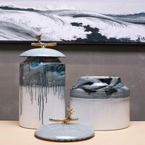 New Chinese modern creative hand-painted ceramic copper leaf storage tank decoration model tenant hall TV cabinet wine cabinet decoration