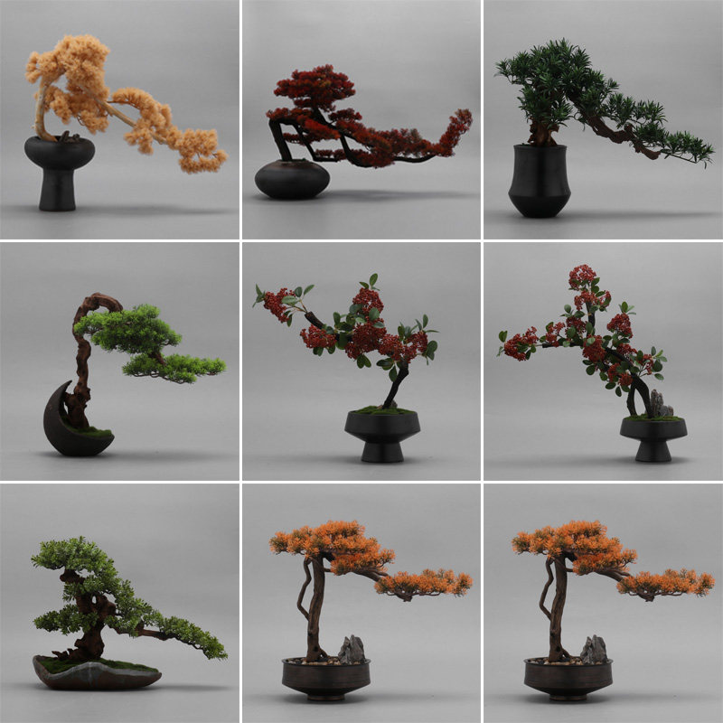 New Chinese modern solid wood simulation welcome pine bonsai model room living room entrance ornaments dry mountain green plant ornaments