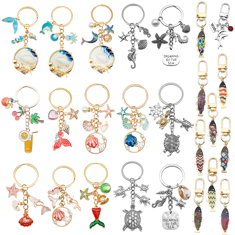 Ocean Series Dripping Oil Beach Starfish Turtle Mermaid Keychain Creative Backpack Car Key Pendant Gift