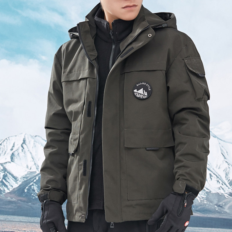 Winter outdoor men's jackets tooling waterproof and windproof plus velvet thickened detachable three-in-one two-piece mountaineering suit