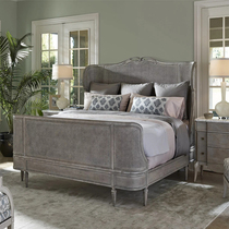 French retro distressed double bed solid wood antique wedding bed American villa master bedroom rattan carved bed bedside table