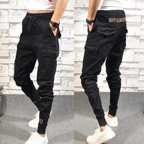 Mens casual pants Korean version of small feet pants spirit social guy Net red bunch feet slim black denim tooling pants pants