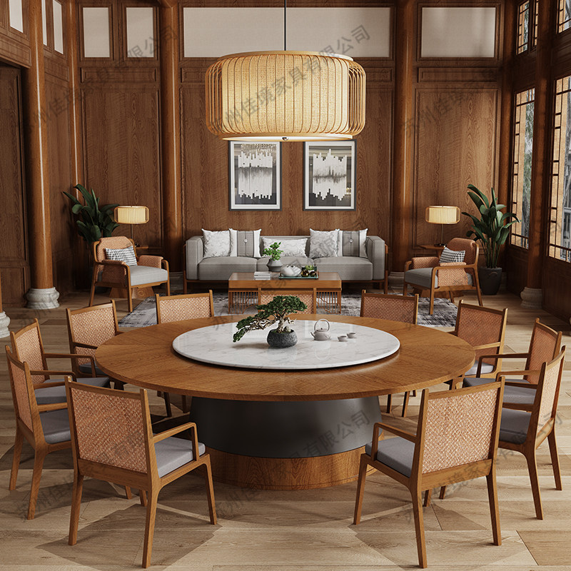 Hotel new Chinese style solid wood electric large round table dining table automatic turntable 15 people 20 people hot pot table clubhouse private room JJ