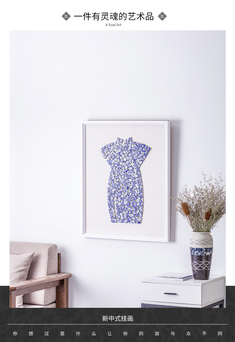 Blue and white porcelain painting in the study of new Chinese style tea room adornment vertical version of the antiquities of the sitting room background wall mural decoration