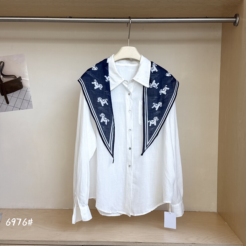 6976 New Summer Style Patchwork Scarf Two-Piece Set, Tencel Ramie Shirt for Women, Bust 122, Length 67