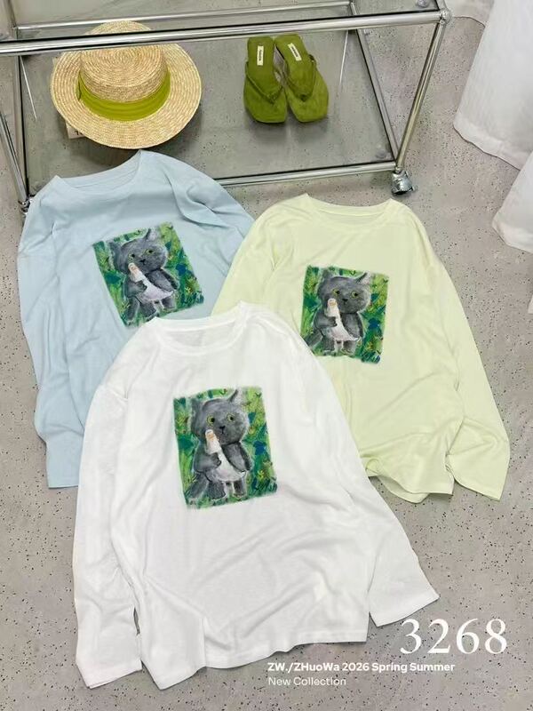 Zw3268 Summer Round Neck Long-Sleeved Cartoon Print Tencel Snowflake Cotton Sun Protection T-Shirt, Bust 122, Length 72