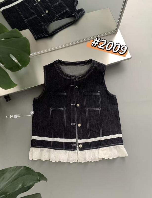 2009 Luxmi Li Summer New Style Round Neck Single-Breasted Lace Patchwork Denim Vest, Bust 98, Length 59