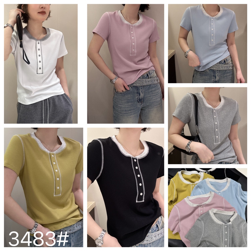 3483 New Summer Style Round Neck Spliced Ribbed Cotton Short-Sleeved T-Shirt, m Bust 96, Length 55