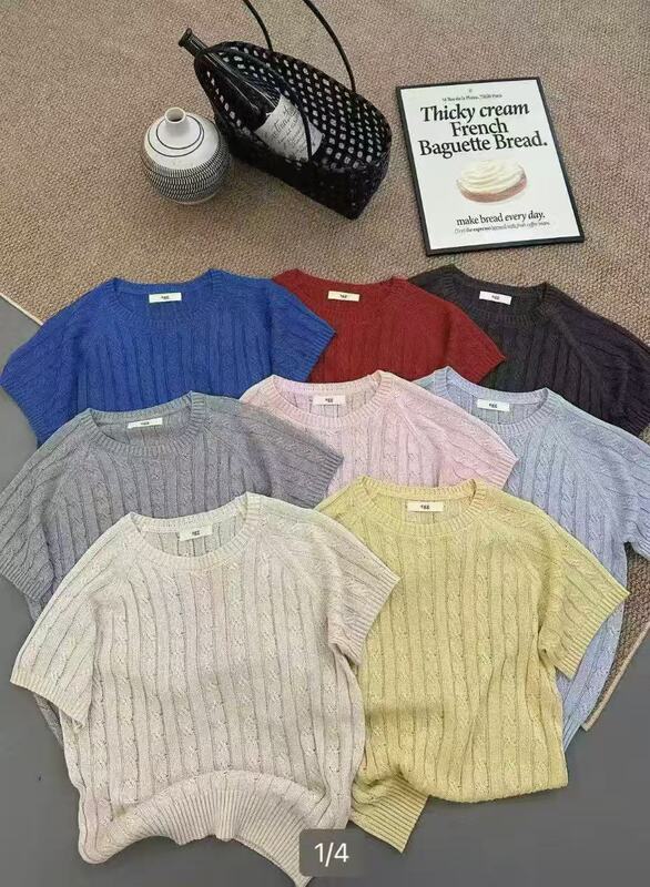 29689 Egg Home Summer New Solid Color Round Neck Knitted Short Sleeve Top, Bust 106, Length 59