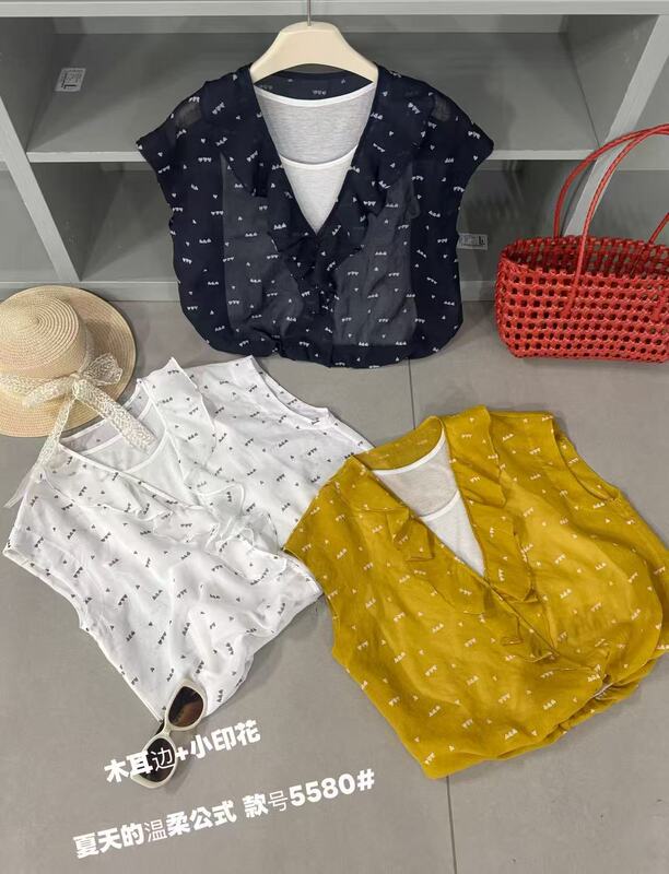 5580 Summer New Style Round Neck Printed Fake Two-Piece Short-Sleeved Shirt, m Bust 114, Length 55