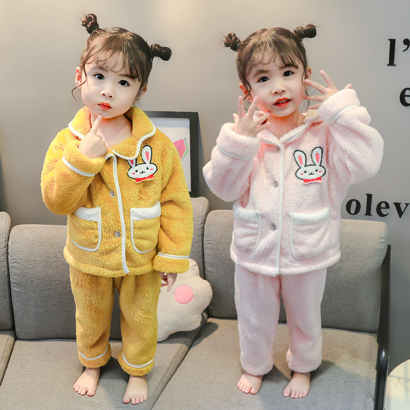 Girls' flannel pajamas suit autumn and winter baby girl children's long-sleeved home clothes coral velvet plus velvet thickening