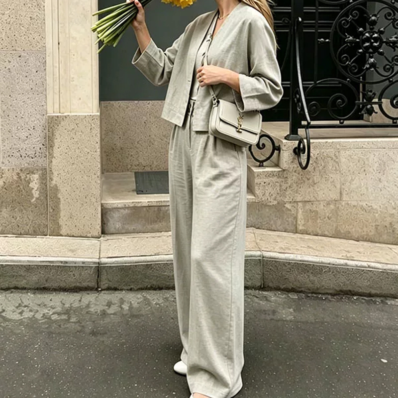 Linen Suit~Old Money Style Solid Color Loose Shirt High-Waisted Wide-Leg Pants 26050320 Limited Time 20% off