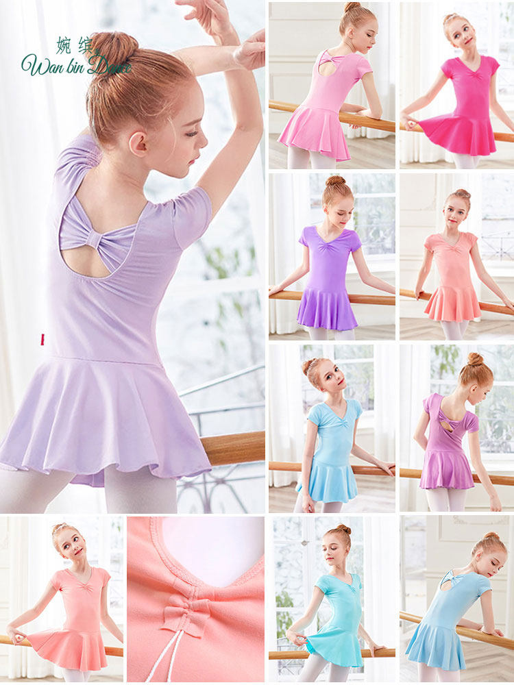 Children's dance clothes practice clothes summer Chinese dance bow body suit short-sleeved dress dancing ballet clothes