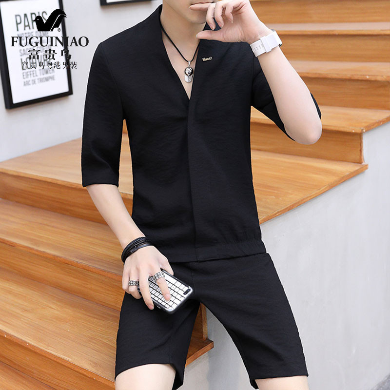 Rich bird short sleeve personality set clothesmenswear trend summer new T-shirt suit leisure relaxed handsome men's clothes