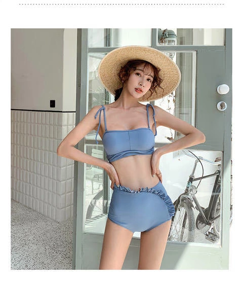 Bikini áo tắm nữ tính vòng ba cạp cao thắt eo ngực nhỏ gom đồ bơi suối nước nóng phong cách hàn quốc mới - Bộ đồ bơi hai mảnh