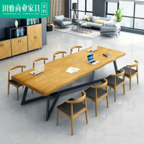 loft industrial wind solid wood iron art conference table long table Nordic large bench strip office table and chairs combined small