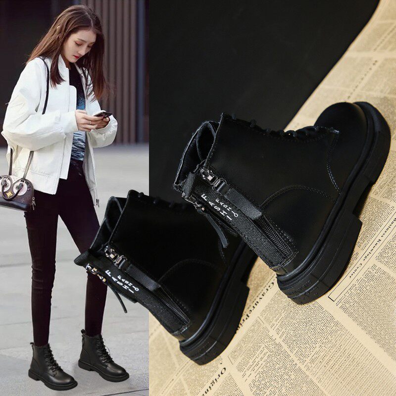 靴子女短筒靴2019秋冬季新款网红平底瘦瘦靴超火加绒女潮鞋马丁靴