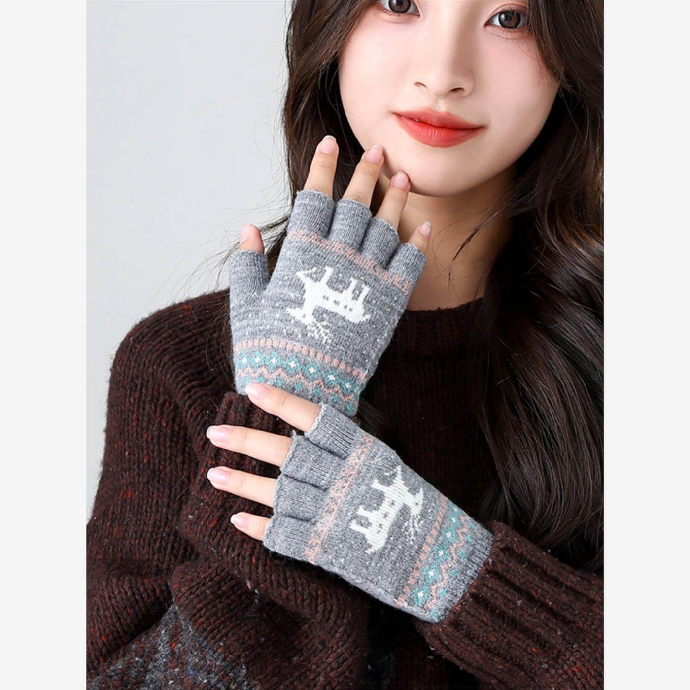 Half-Finger Gloves for Women, Winter Adult Knitted Wool Warm Gloves, Cold-Proof for Autumn and Winter, Fingerless Touchscreen Gloves for Students, Five-Finger Gloves