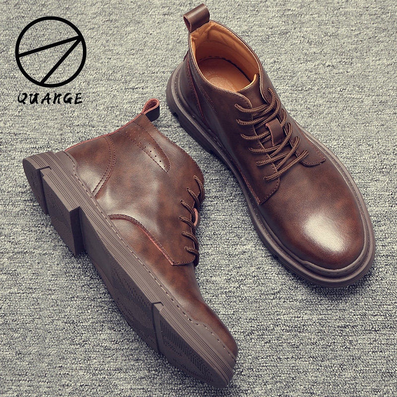 Autumn and Winter Martin Boots for Men, Mid-Top Short Boots, British Style, Fleece-Lined, Genuine Leather, Large Size Work Boots, High-Top Leather Shoes, Leather Boots