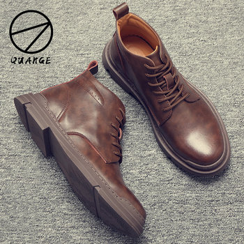 Autumn and Winter Martin Boots for Men, Mid-Top Short Boots, British Style, Fleece-Lined, Genuine Leather, Large Size Work Boots, High-Top Leather Shoes, Leather Boots