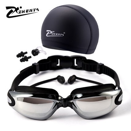 Zhenya Feike PC anti-fog waterproof one-piece swimming goggles multicolor PU swimming cap earplugs nose clip three-piece suit men and women plating