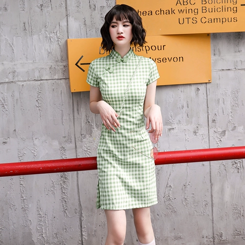 Свежее ципао для школьников, короткое платье, светлый стиль