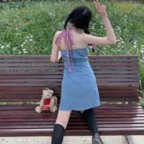 Three mosquito fish blue suspenders denim dress small man summer hanging neck chest French sweet girl sexy skirt