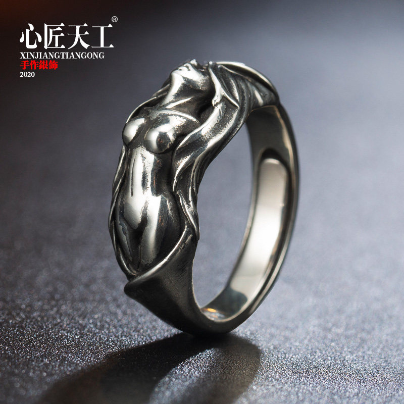 925 Pure Silver Ring Women Ins Tide Personality Nude Sexy Goddess Index Finger Ring Opening Adjustable Ring Male Boomer