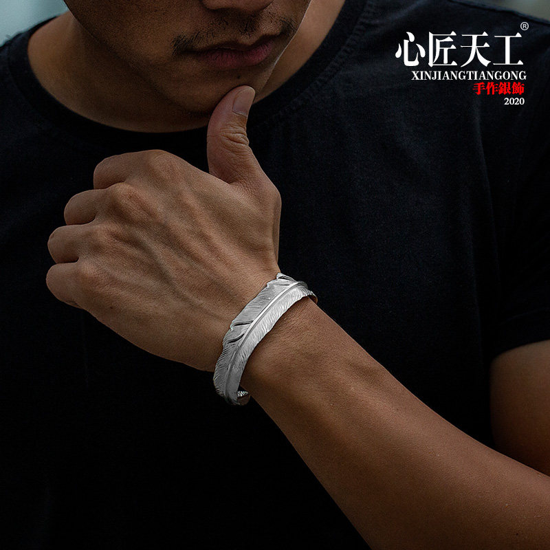 925 Pure Silver Bracelet Male Tide Man Accessories Original Design Handmade Diy Feather Opening Bracelet Woman Custom Gift