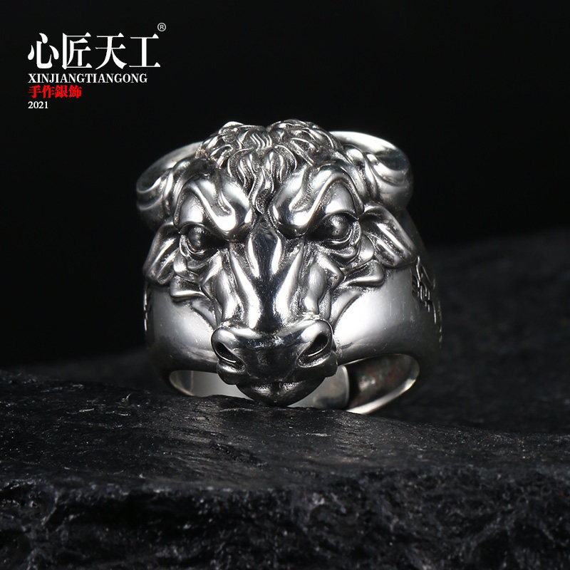 925 Silver Ring Boy Tide Xiao Ling Ring opens up bull rings to give birth to boyfriend