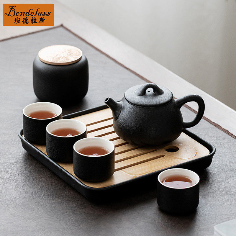 Black pottery travel tea set with tea tray home outdoor business travel portable kung fu tea set one pot four cups