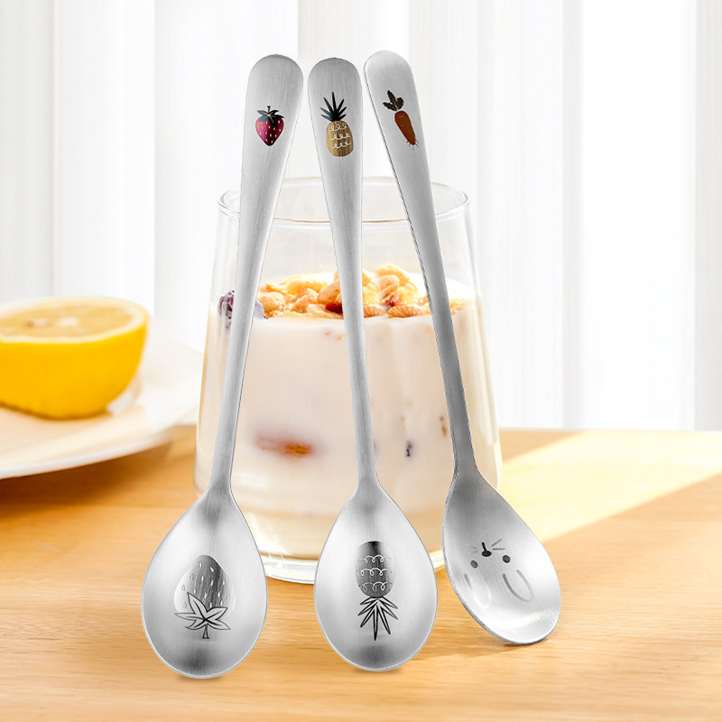 304 stainless steel spoon children eat food grade spoon long handle household Korean creative printing cute spoon
