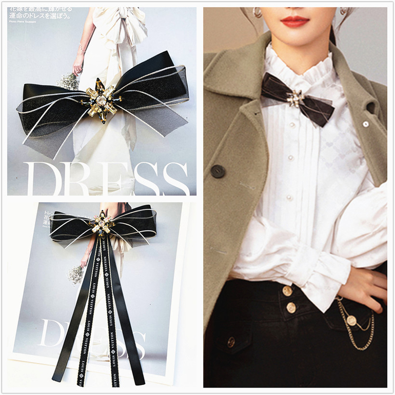 Bow Tie Shirt for Women 2025 New Style Lace Bow Ribbon Black Elegant British Style Shirt Pin Accessory
