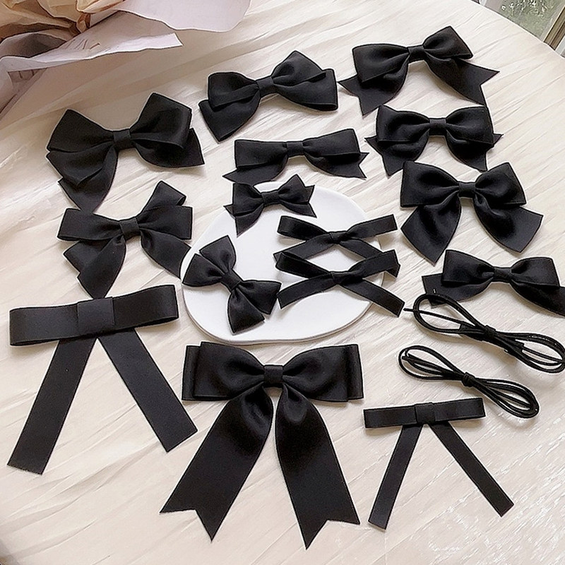 Black satin ribbon preppy bow tie brooch, small size, clothing decoration accessory.